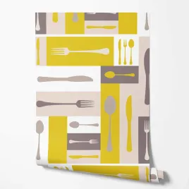 tapeta-na-sciane-sztucce-stylowe-zolte-bezowe-do-jadalni-kuchni