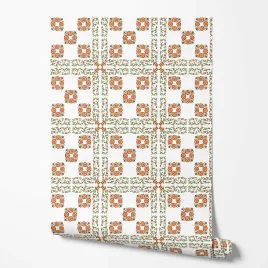 tapeta-na-sciane-kafelki-zielone-pomaranczowe-linie-wzorki-do-lazienki