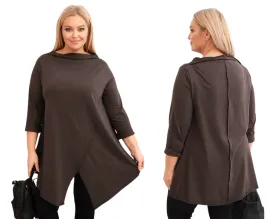 brazowa-bluzka-damska-bawelniana-plus-size-asymetryczna-z-podwijanym-rekawe