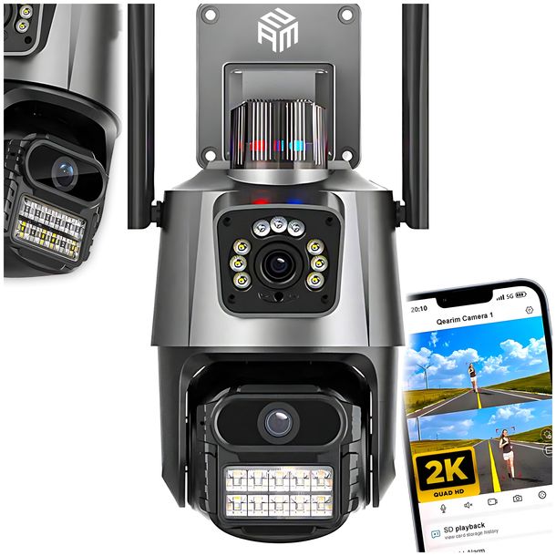 KAMERA ZEWNĘTRZNA WIFI OBROTOWA IP PODWÓJNA 2K 2x2MPx APLIKACJA I ALARM