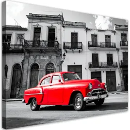 obraz-do-salonu-biura-czerwony-retro-samochod-zaparkowany