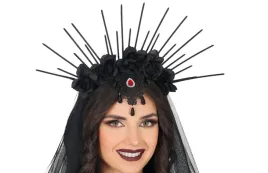 opaska-czarna-korona-z-kwiatami-kamienie-woalka-halloween