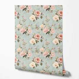 tapeta-na-sciane-rozowe-biale-kwiaty-niebieskie-tlo-do-kuchni-jadalni