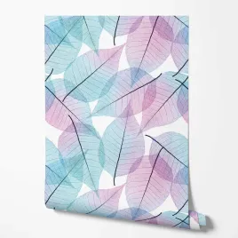 tapeta-na-sciane-abstrakcja-niebieskie-rozowe-liscie-do-jadalni-sypialni