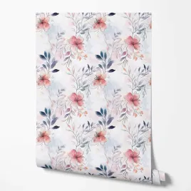 tapeta-na-sciane-kwiaty-rozowe-niebieskie-liscie-biale-tlo-kuchnia-jadalnia