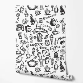 tapeta-na-sciane-motyw-kawowy-czarne-ikonki-napisy-biale-tlo-do-kuchni