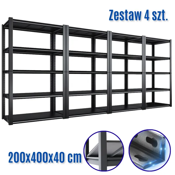Zestaw 4 szt. Regał metalowy Gardento24 200x400x40 20 półek CZARNY JUPITER