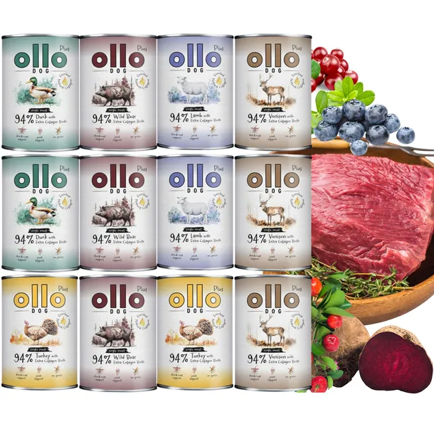 OLLO PLUS KOLAGEN MIX SMAKÓW 12x400 g – monobiałkowa karma mokra