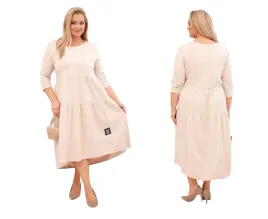 bezowa-sukienka-damska-bawelniana-plus-size-rozkloszowana-z-dlugim-rekawem