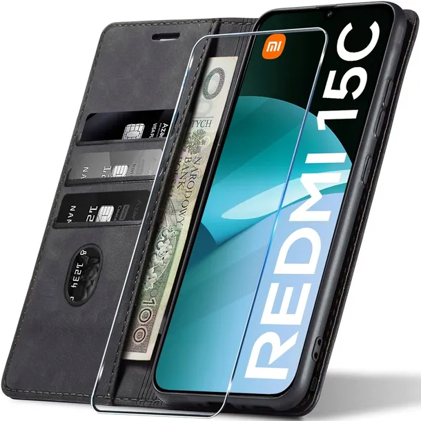 ETUI SKÓRZANE NA MAGNES DO XIAOMI REDMI 15c + SZKŁO OCHRONNE