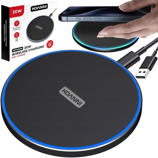 Ładowarka indukcyjna QI bezprzewodowa 20W LED KOANNI + kabel USB-C 1M