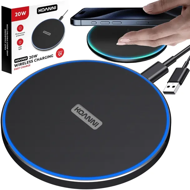 Ładowarka indukcyjna QI bezprzewodowa 20W LED KOANNI + kabel USB-C 1M