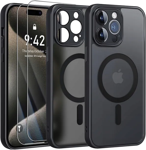 ETUI DO MAGSAFE CZARNY MAT DO APPLE IPHONE 15 PRO + 2x SZKŁO
