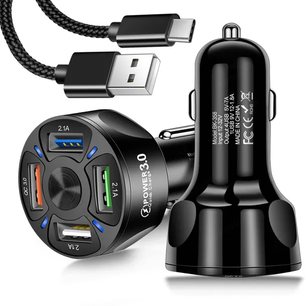 SZYBKA SAMOCHODOWA ŁADOWARKA 4xUSB QC 3.0 + KABEL Koanni