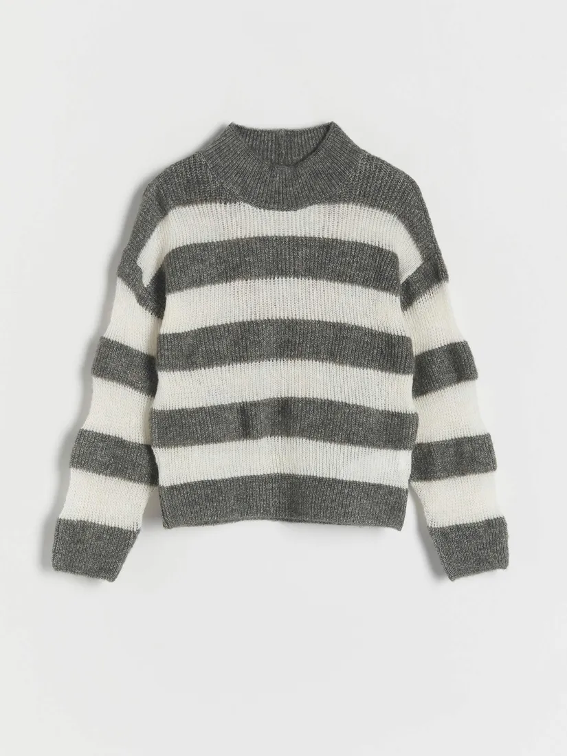 szaro-bialy-sweter-w-paski-reserved-146-stan-nowy