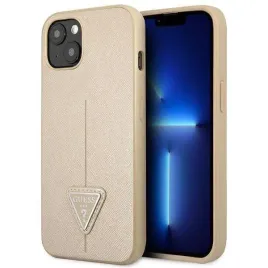 guess-saffiano-triangle-logo-case-etui-iphone-14-plus-bezowy