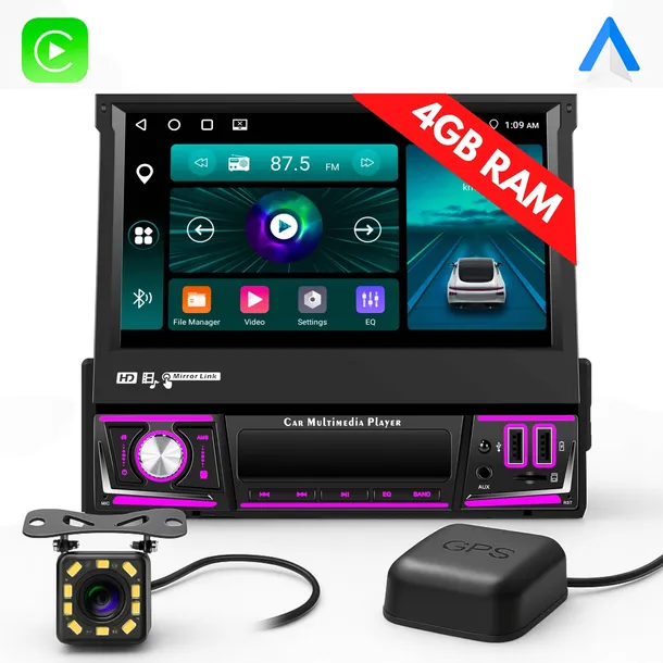 RADIO SAMOCHODOWE 1DIN 7'' WYSUWANY EKRAN CARPLAY ANDROID WIFI GPS 4GB RAM