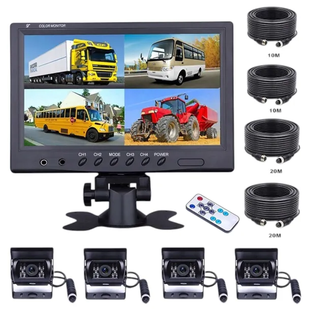 ZESTAW COFANIA MONITOR DZIELONY 9” 4X KAMERY TIR BUS KOMBAJN TRAKTOR 12/24V