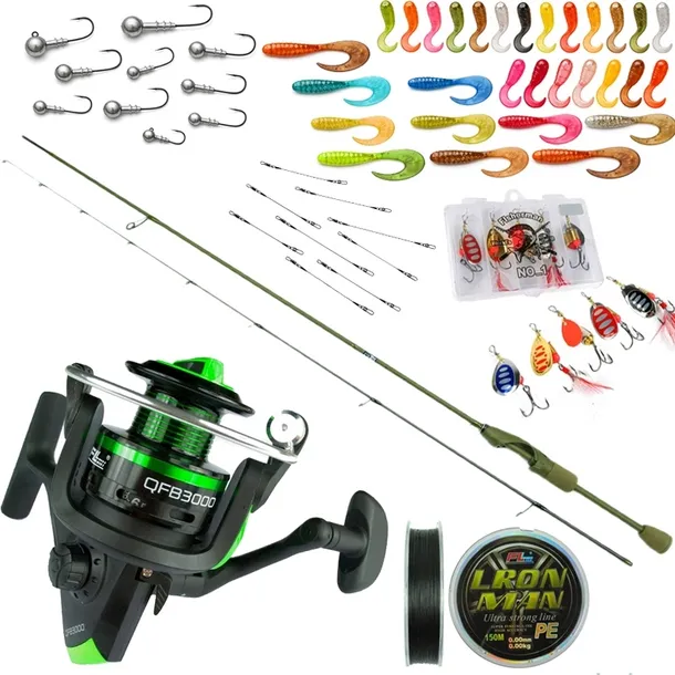 bogaty ZESTAW WĘDKARSKI spinning WĘDKA 67g kołowrotek +35 przynęt NA OKONIA