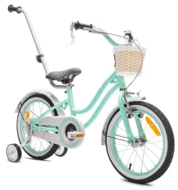 Zdjęcie produktu Rowerek dla dziewczynki 16 cali Pchacz Kółka boczne Koszyk Heart bike mięta