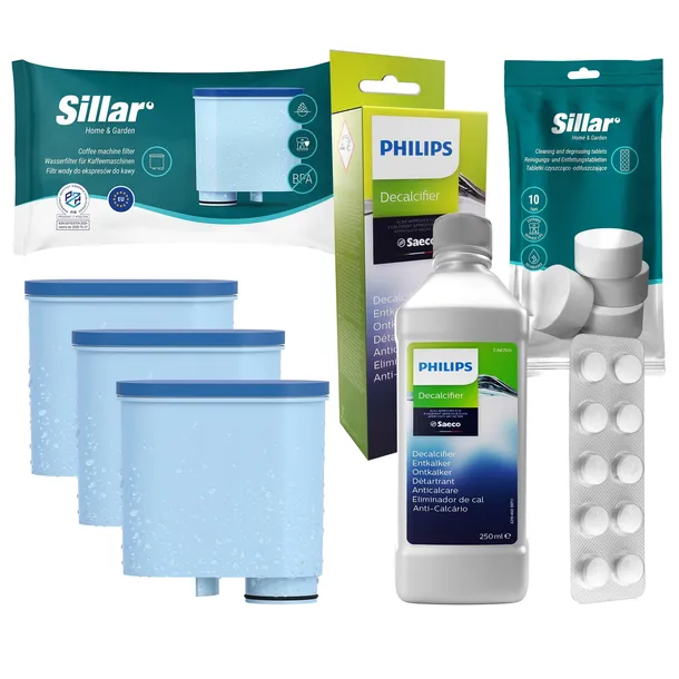 3x filtr do ekspresu Saeco Philips + Tabletki + Odkamieniacz Philips 250ml