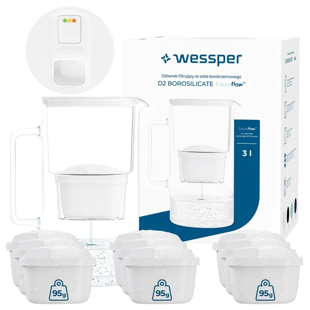 Dzbanek filtrujący Wessper D2 BOROSILICATE 3l LED + 10x filtr wody aquamax