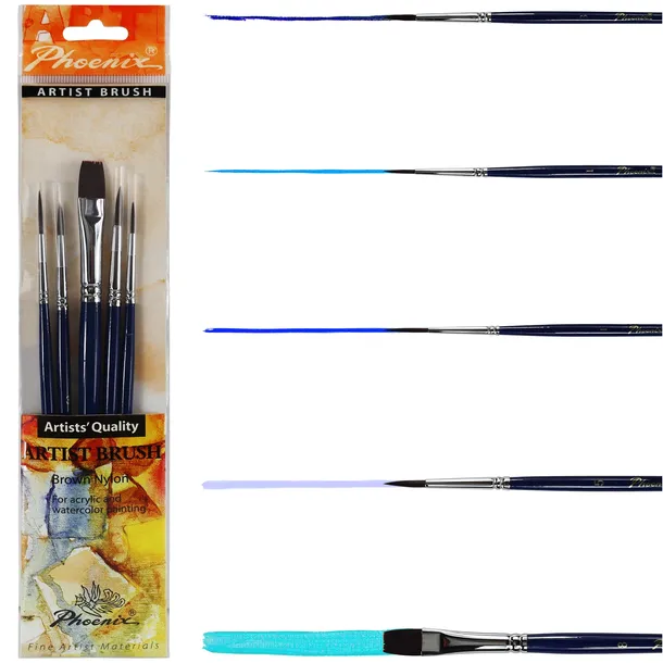 Pędzle Precyzyjne Phoenix Zestaw Pędzli Nylon 5 szt - Liner Płaski Okrągłe