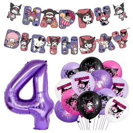 balony-kuromi-cyfra-4-fioletowa-baner-happy-birthday-dekoracje-na-urodziny