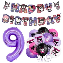 balony-kuromi-cyfra-9-fioletowa-baner-happy-birthday-dekoracje-na-urodziny