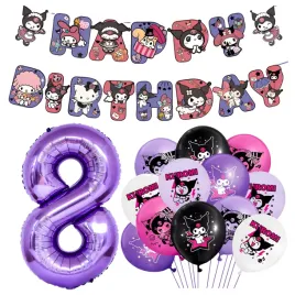 balony-kuromi-cyfra-8-fioletowa-baner-happy-birthday-dekoracje-na-urodziny