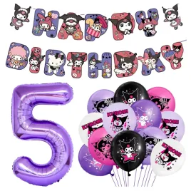 balony-kuromi-cyfra-5-fioletowa-baner-happy-birthday-dekoracje-na-urodziny