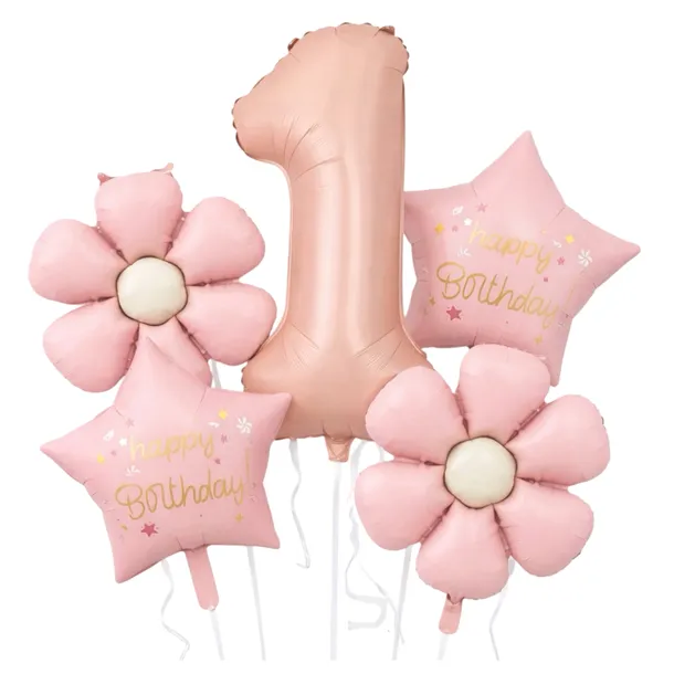 BALONY NA 1 URODZINY ROCZEK DZIEWCZYNKI CYFRA 1 PUDROWY RÓŻ KWIATKI NA HEL