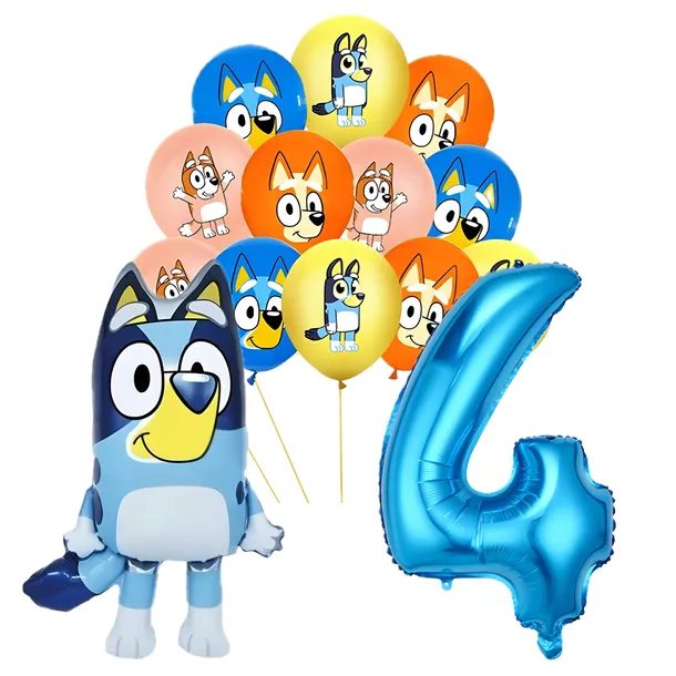 BALONY NA 4 URODZINY BLUEY BINGO BLUE ZESTAW BALONÓW URODZINOWYCH CYFRA 4