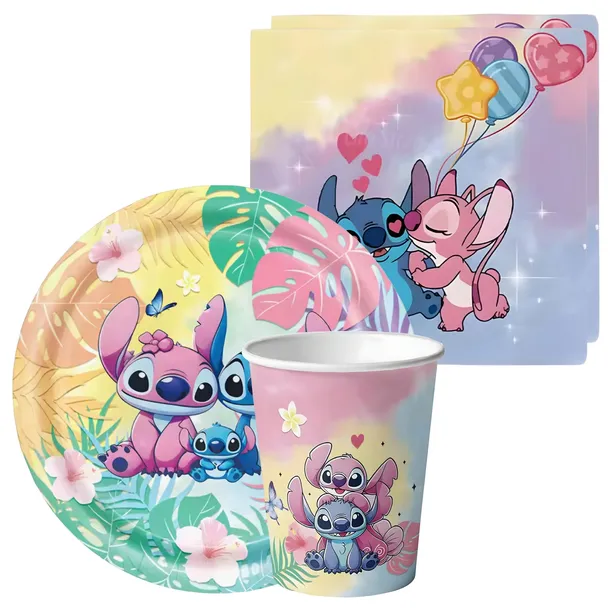TALERZYKI KUBKI SERWETKI STITCH PAPIEROWE NA URODZINY 40 SZT KOLOROWE