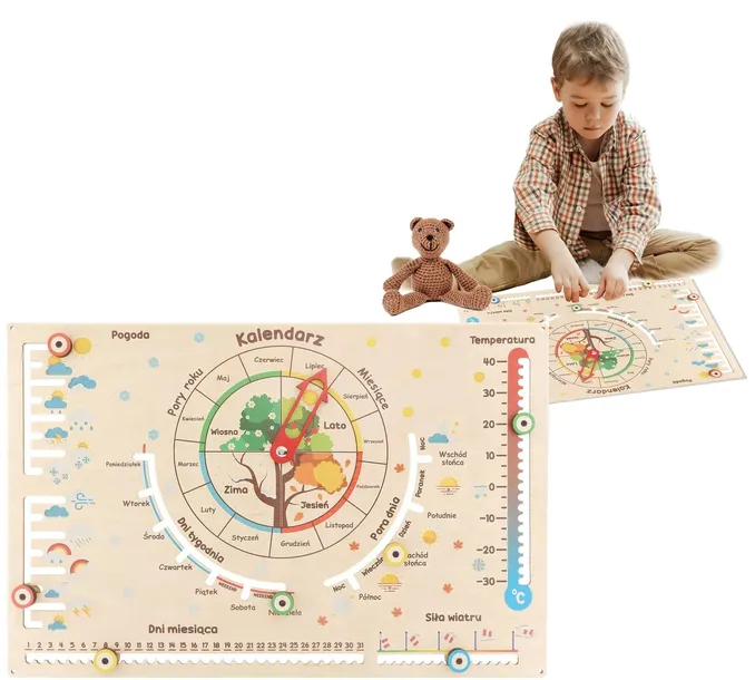 KALENDARZ EDUKACYJNY SZKOLNY DREWNIANY TERMOMETR POGODA PORY ROKU METEO PL