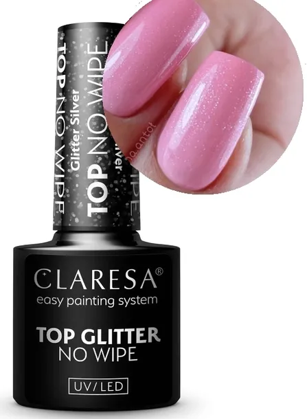 CLARESA TOP NO WIPE GLITTER TOP HYBRYDOWY BROKATOWY TOP SILVER 5 ml