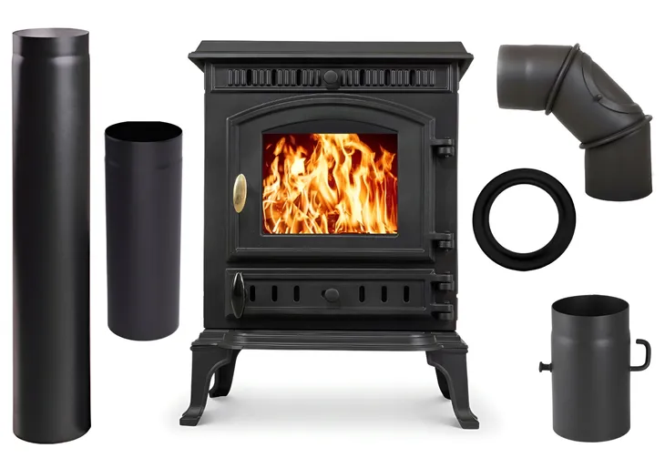 Zdobiony Żeliwny PIECYK koza kominek ATENA 8,3kw + AKCESORIA PRZYŁĄCZENIOWE