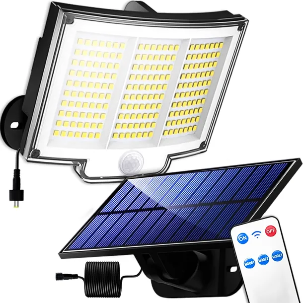 LAMPA SOLARNA LED 300W Z OSOBNYM PANELEM PILOT Z CZUJNIKIEM ZMIERZCHU RUCHU