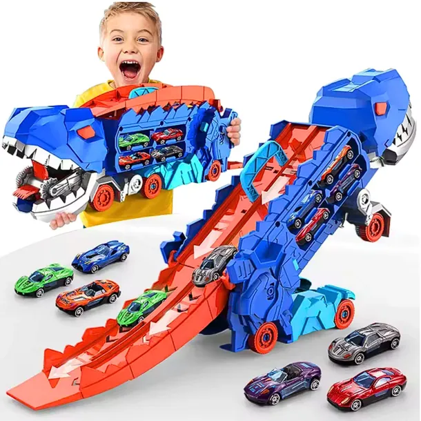 Samochód TYRANOZAUR GIGANT Tor Autka DINOZAUR TRANSPORTER Robo-T-Rex 4w1