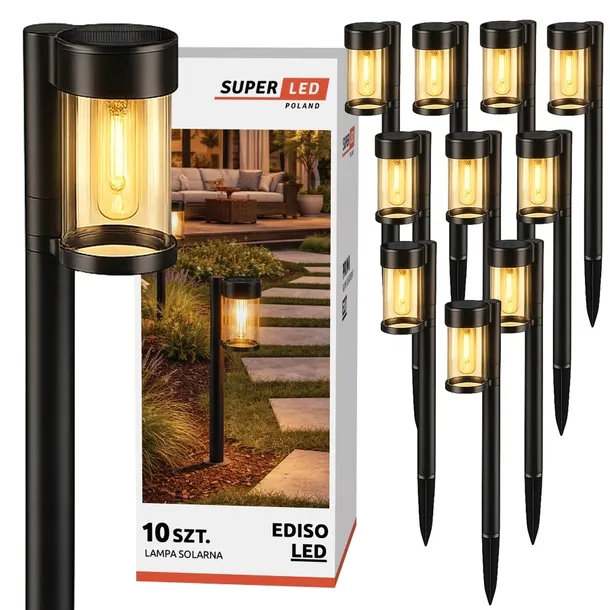 10x Lampa solarna LED ogrodowa Latarnia + żarówka Filament Solidna budowa