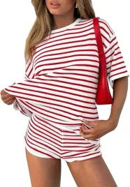 damski-dres-dwuczesciowy-komplet-w-paski-krotki-rekaw-czerwony-xl