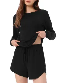 damski-komplet-dresowy-pizama-koszulka-dlugi-rekaw-spodenki-czarny-xs