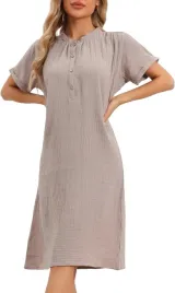 cheibear-pizama-damska-bawelniana-koszula-nocna-krotki-rekaw-brazowa-l