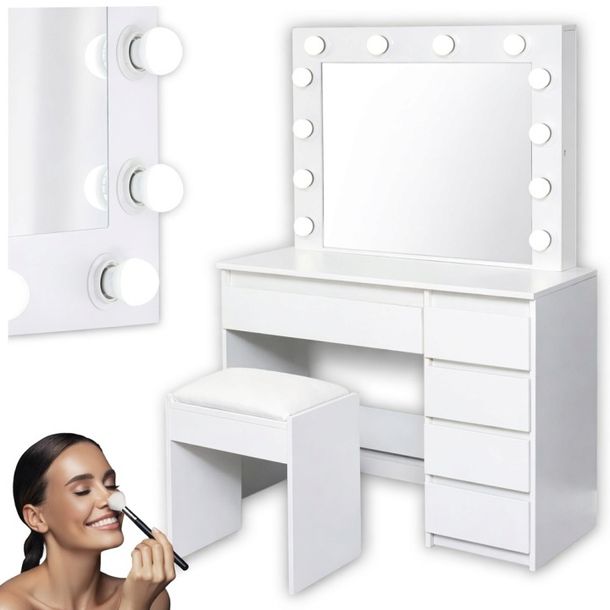 TOALETKA KOSMETYCZNA LUSTRO 5 SZUFLAD OŚWIETLENIE 12 LED + TABORET