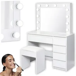Zdjęcie produktu TOALETKA KOSMETYCZNA LUSTRO 5 SZUFLAD OŚWIETLENIE 12 LED + TABORET