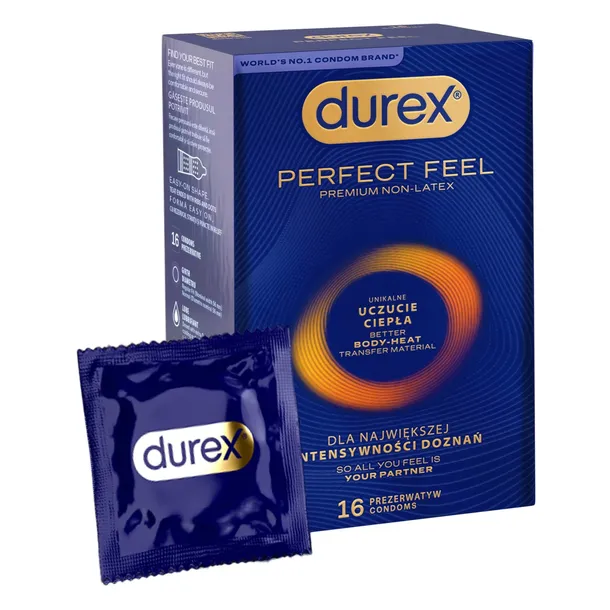 Najcieńsze prezerwatywy DUREX Perfect Feel bez lateksu uczucie ciepła 16szt