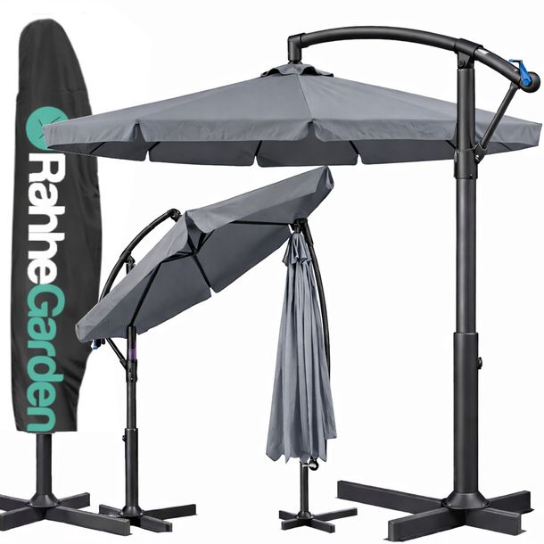 PARASOL ogrodowy 350cm SKŁADANY z WYSIĘGNIKIEM FALBANĄ + POKROWIEC szary