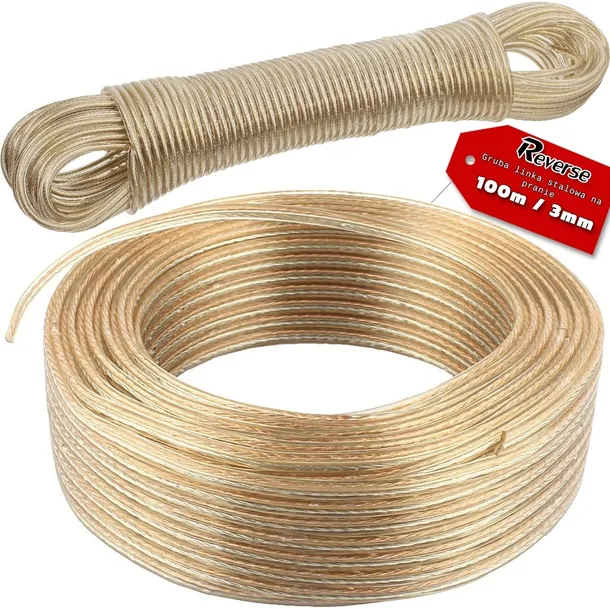GRUBY SZNUREK LINKA STALOWA W OPLOCIE PCV NA PRANIE MOCNY SZNUR 3MM 100M