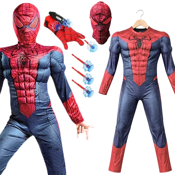 Strój SPIDERMAN z RĘKAWICĄ WYRZUTNIĄ M 6-8 lat MIĘŚNIE MASKA Granatowy