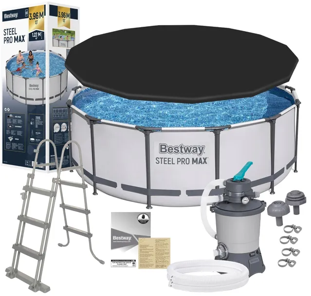 Basen Ogrodowy Stelażowy 396x122cm BESTWAY 5618W Pompa piaskowa Drabinka